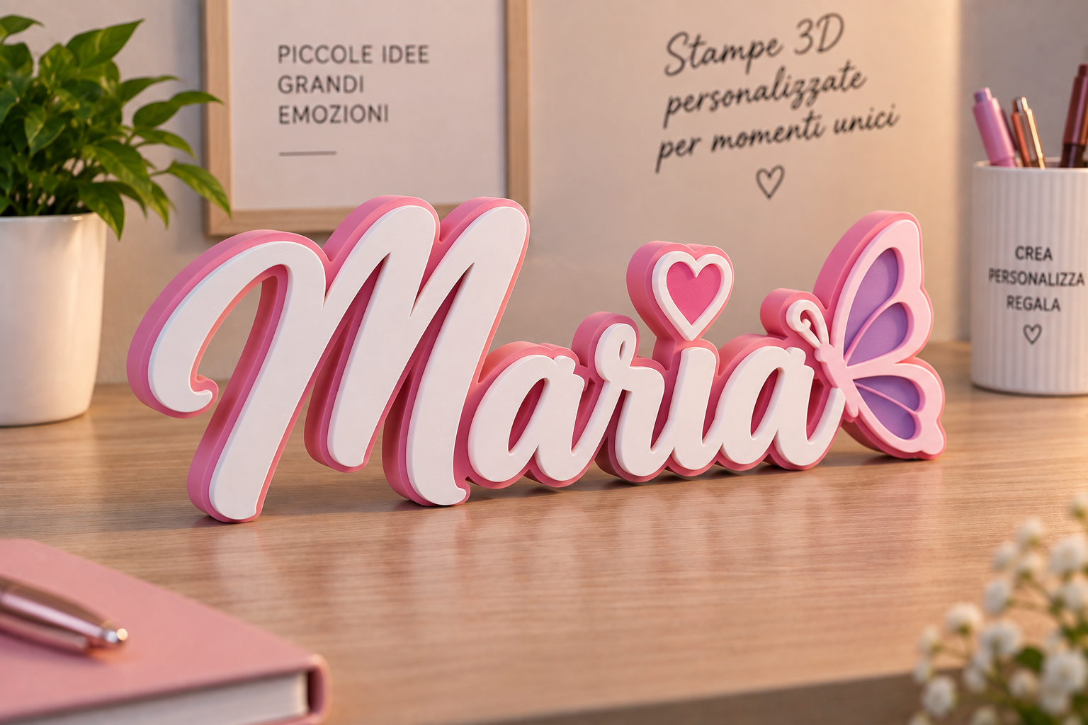Scritta 3D con il nome Maria in rosa e bianco con farfalla